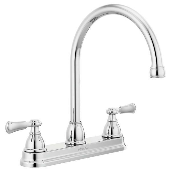 Chrome two-handle kitchen faucet with tall curved spout and lever handles on white base.