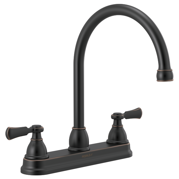 Black two-handle kitchen faucet with curved gooseneck spout and lever handles on rectangular base.