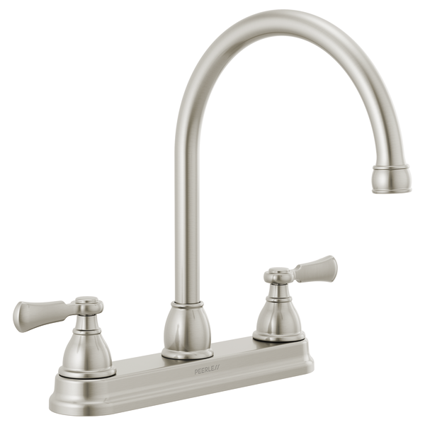 Brushed nickel two-handle kitchen faucet with high arched spout and lever handles on white background.