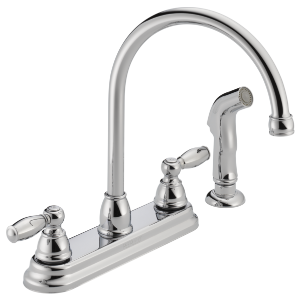 Chrome kitchen faucet with tall curved spout, two lever handles, and separate sprayer attachment on base.
