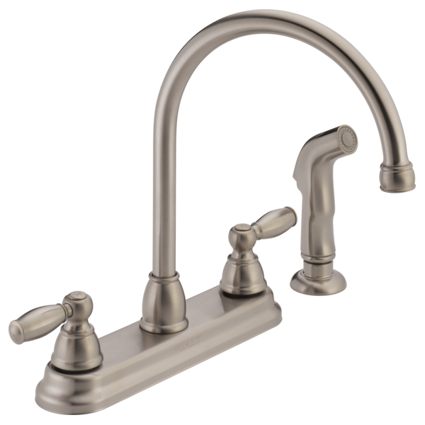 Brushed nickel two-handle kitchen faucet with curved spout and separate spray nozzle on deck base.