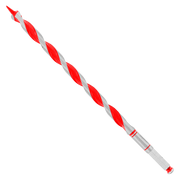 Red and silver twisted auger bit with pointed tip and hexagonal shank end.