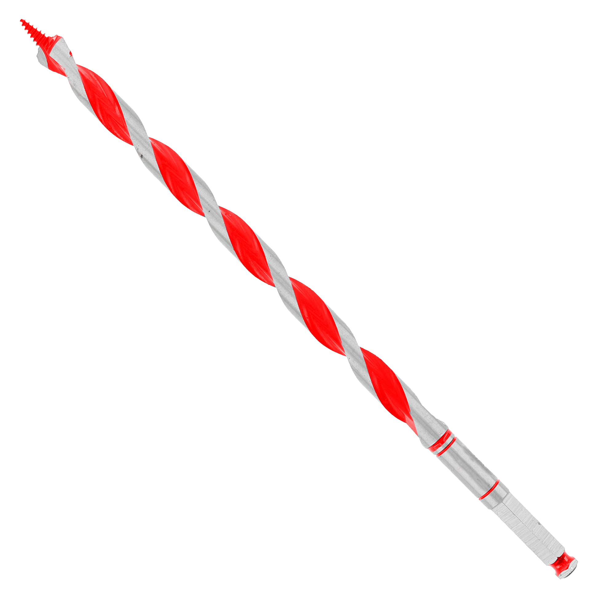 Red and silver twisted auger bit with pointed tip and hexagonal shank end.