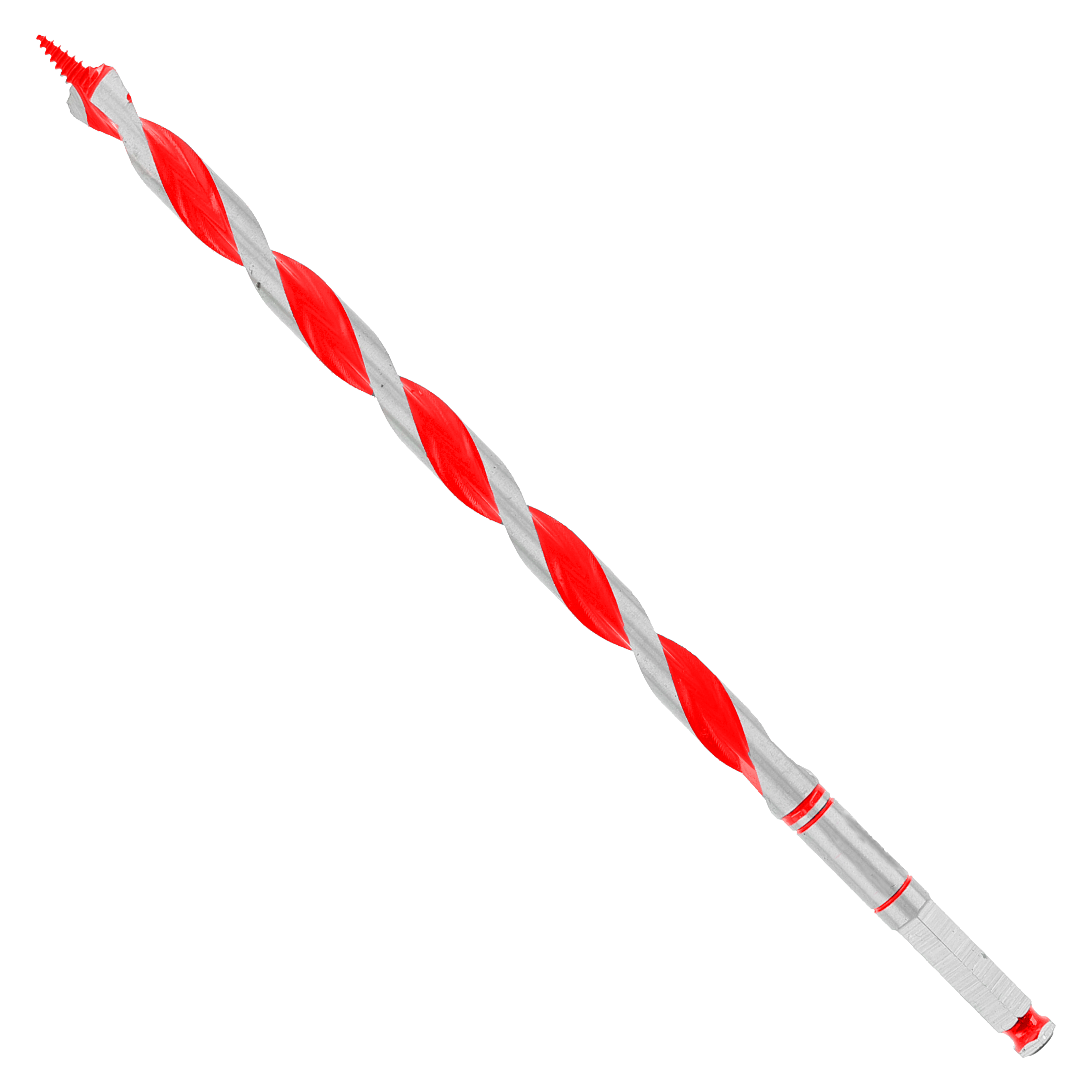 Red and silver twisted auger bit with pointed tip and hexagonal shank end.