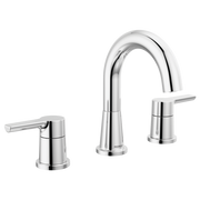 Chrome widespread lavatory faucet with two handles and curved spout.