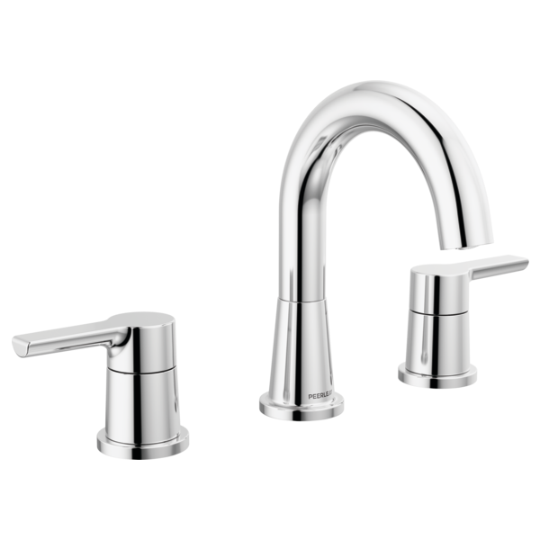 Chrome widespread lavatory faucet with two handles and curved spout.