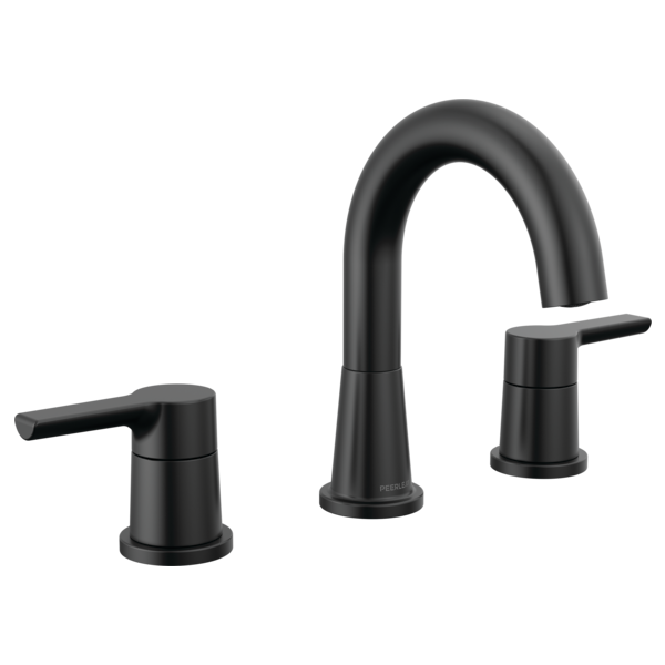 Black three-piece widespread bathroom faucet with curved spout and lever handles on each side.