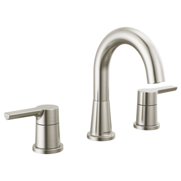 Chrome three-piece widespread bathroom faucet with curved central spout and two lever handles on either side.