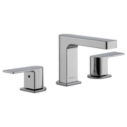 Chrome two-handle widespread bathroom faucet with rectangular spout and square base handles.