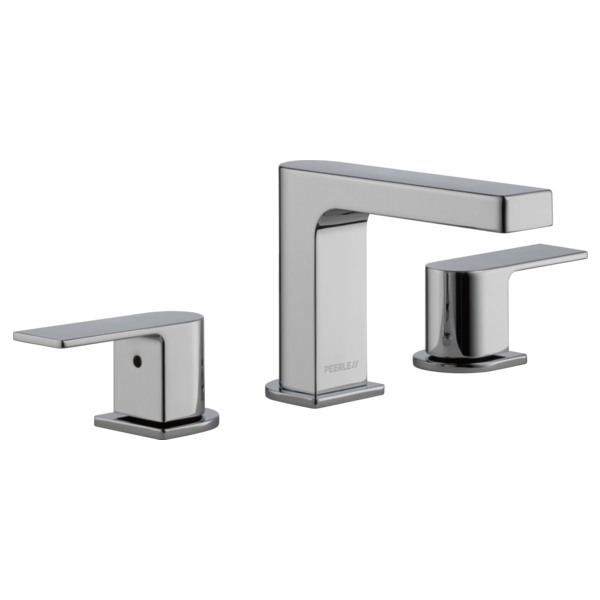 Chrome two-handle widespread bathroom faucet with rectangular spout and square base handles.