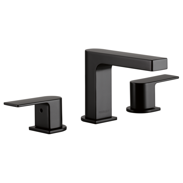 Black two-handle widespread bathroom faucet with rectangular spout and lever handles on square bases.