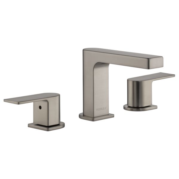 Brushed nickel two-handle widespread faucet with rectangular spout and square-shaped handles for sink installation.