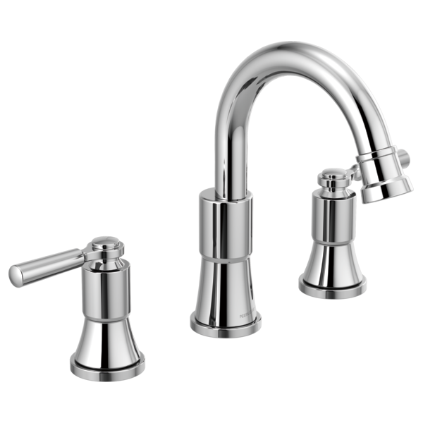 Chrome widespread bathroom faucet with two handles and curved spout in brushed nickel finish.