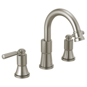 Brushed nickel two-handle widespread bathroom faucet with curved spout and lever handles.