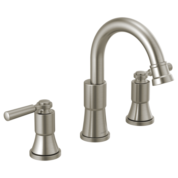 Brushed nickel two-handle widespread bathroom faucet with curved spout and lever handles.