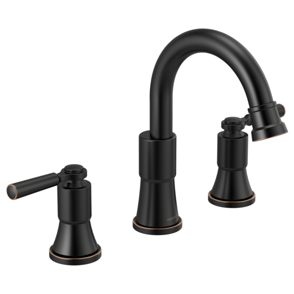 Black widespread bathroom faucet with two side handles and arched center spout with pulldown spray.