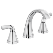 Chrome two-handle widespread lavatory faucet with curved spout and conical handles.