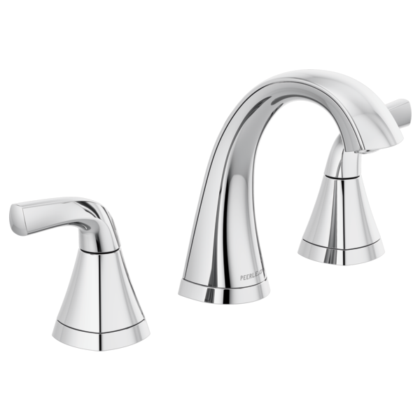 Chrome two-handle widespread lavatory faucet with curved spout and conical handles.
