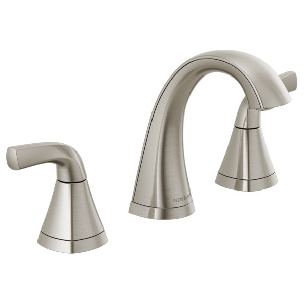 Brushed nickel two-handle widespread lavatory faucet with curved spout and cone-shaped base.