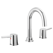 Chrome two-handle widespread bathroom faucet with curved spout and cylindrical handles.