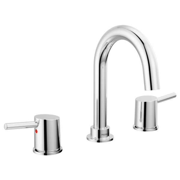 Chrome two-handle widespread bathroom faucet with curved spout and cylindrical handles.