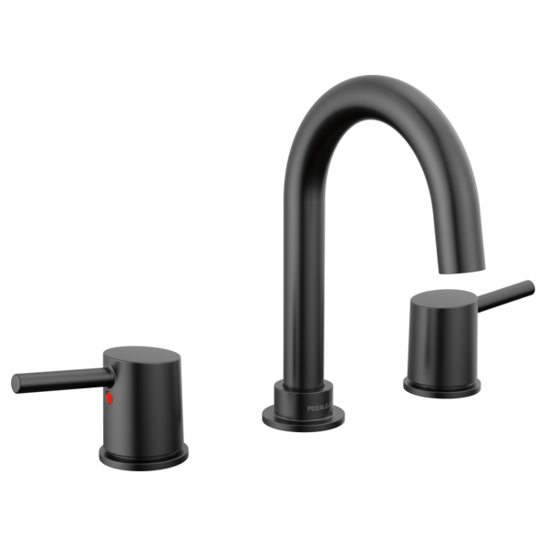 Black three-piece widespread bath faucet with curved spout and two cylindrical handles with lever controls.