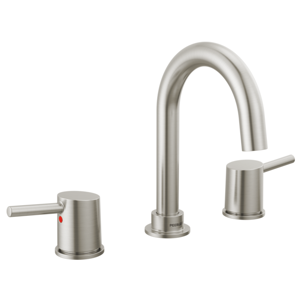 Brushed nickel two-handle widespread bathroom faucet with curved spout and cylindrical handles.