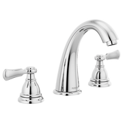 Chrome two-handle widespread bathroom faucet with curved spout and lever handles.