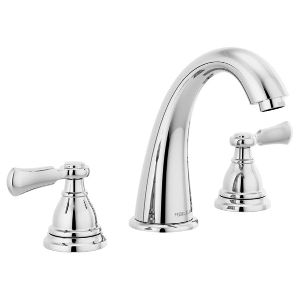 Chrome two-handle widespread bathroom faucet with curved spout and lever handles.