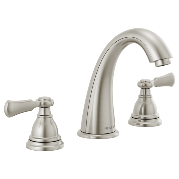 Brushed nickel widespread bath faucet with two lever handles and curved center spout.
