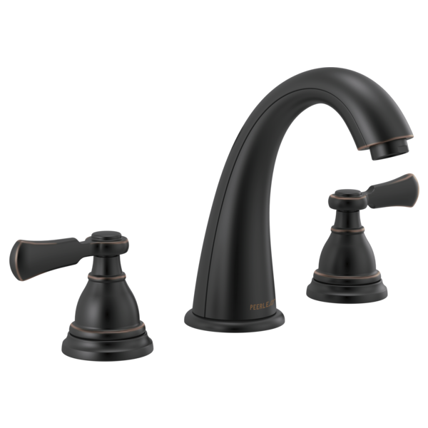 Two-handle widespread bathroom faucet with curved spout and lever handles in matte black finish.