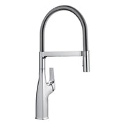 Chrome kitchen faucet with tall arched spout, flexible hose, and single lever handle.