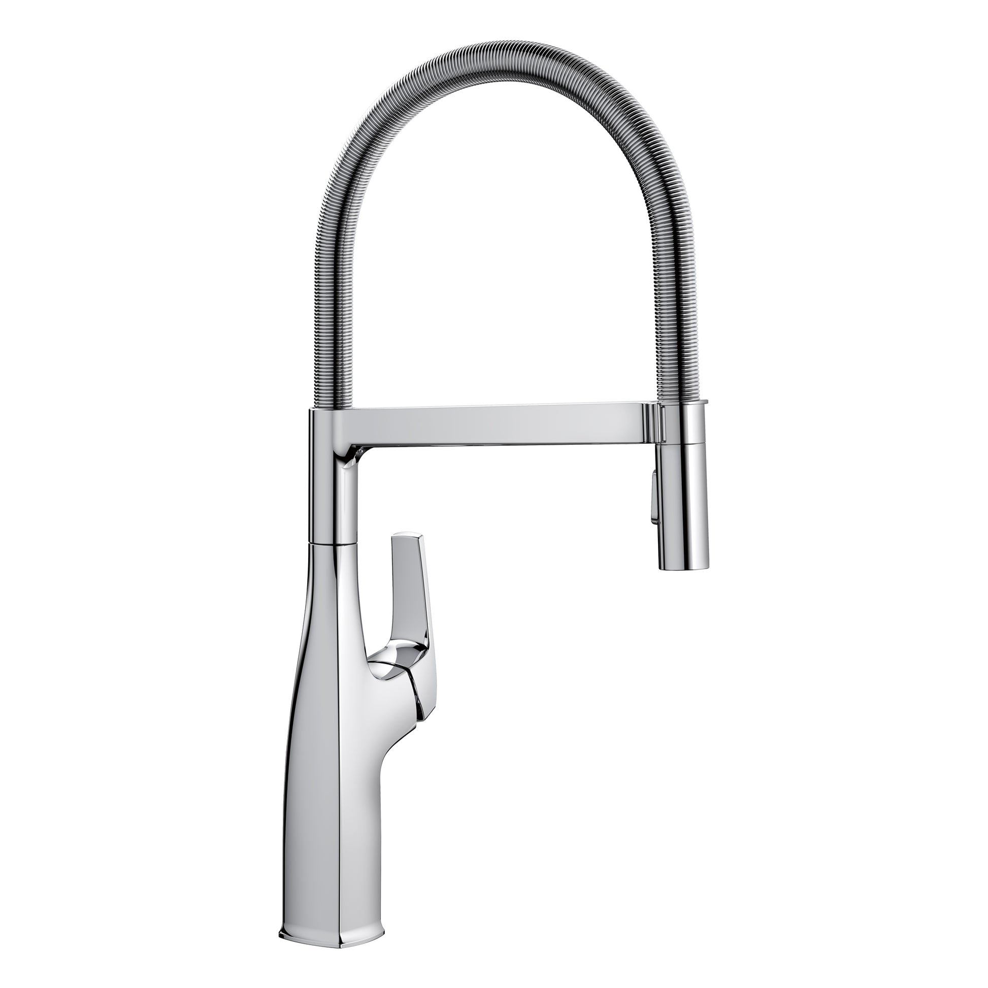 Chrome kitchen faucet with tall arched spout, flexible hose, and single lever handle.