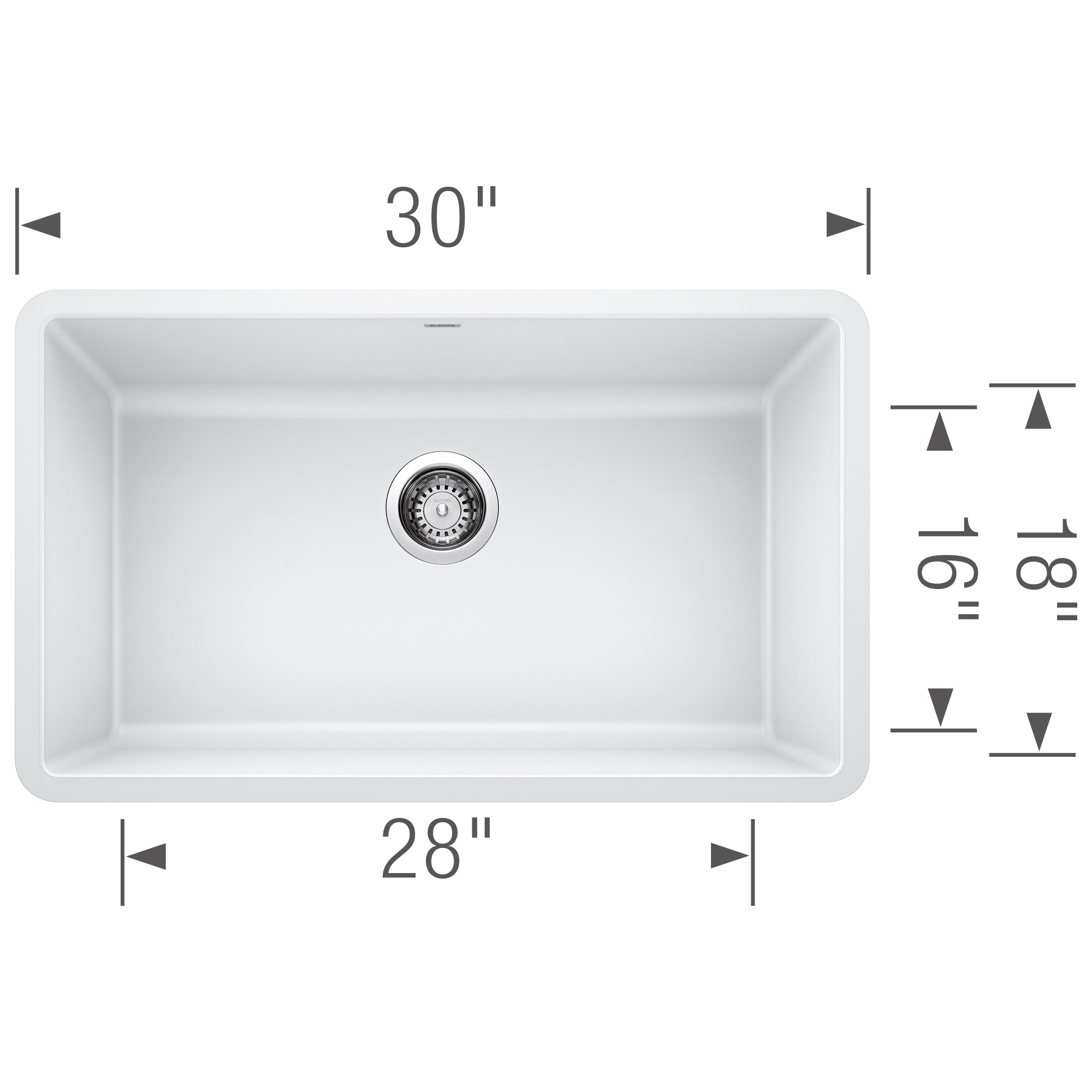 White single bowl undermount kitchen sink, 30 inches wide with drain strainer visible, shown from above with dimension measur