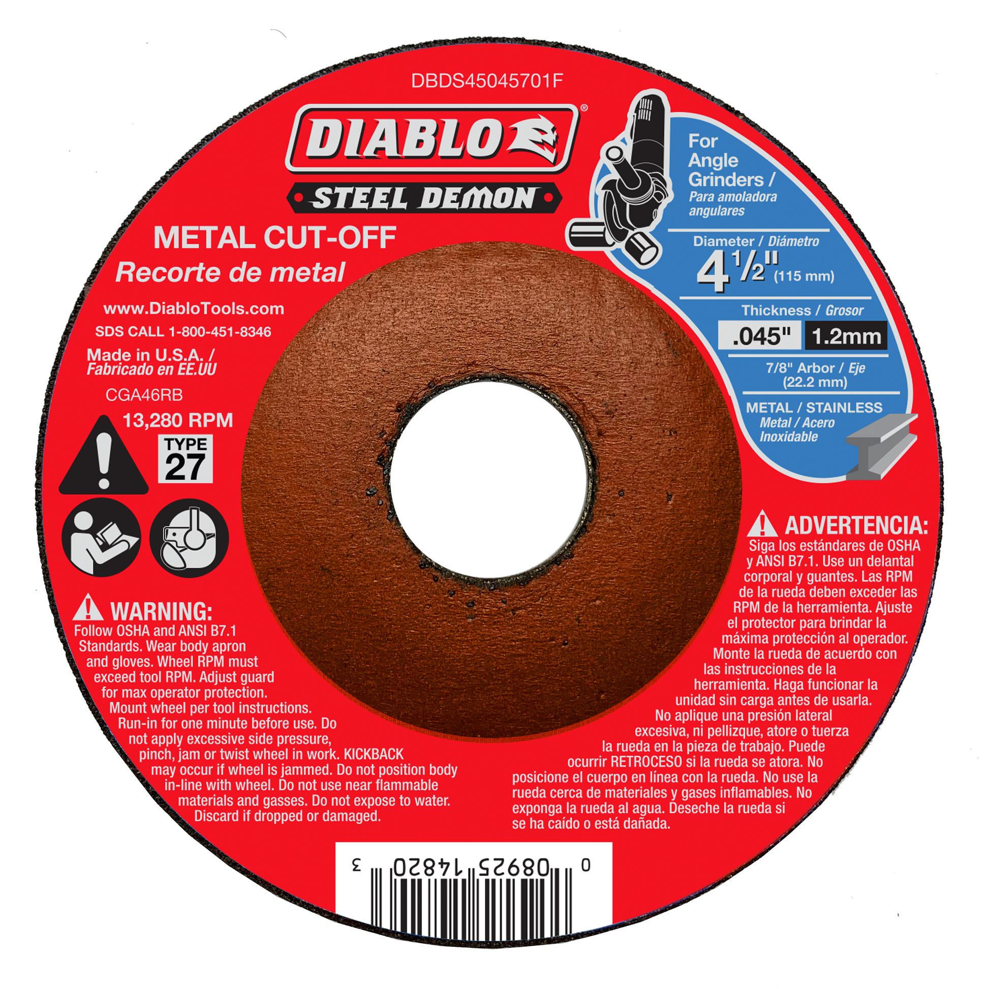 Red circular metal cut-off disc with brown cutting surface, 4-1/2 inch diameter, Type 27, 1.2mm thickness.
