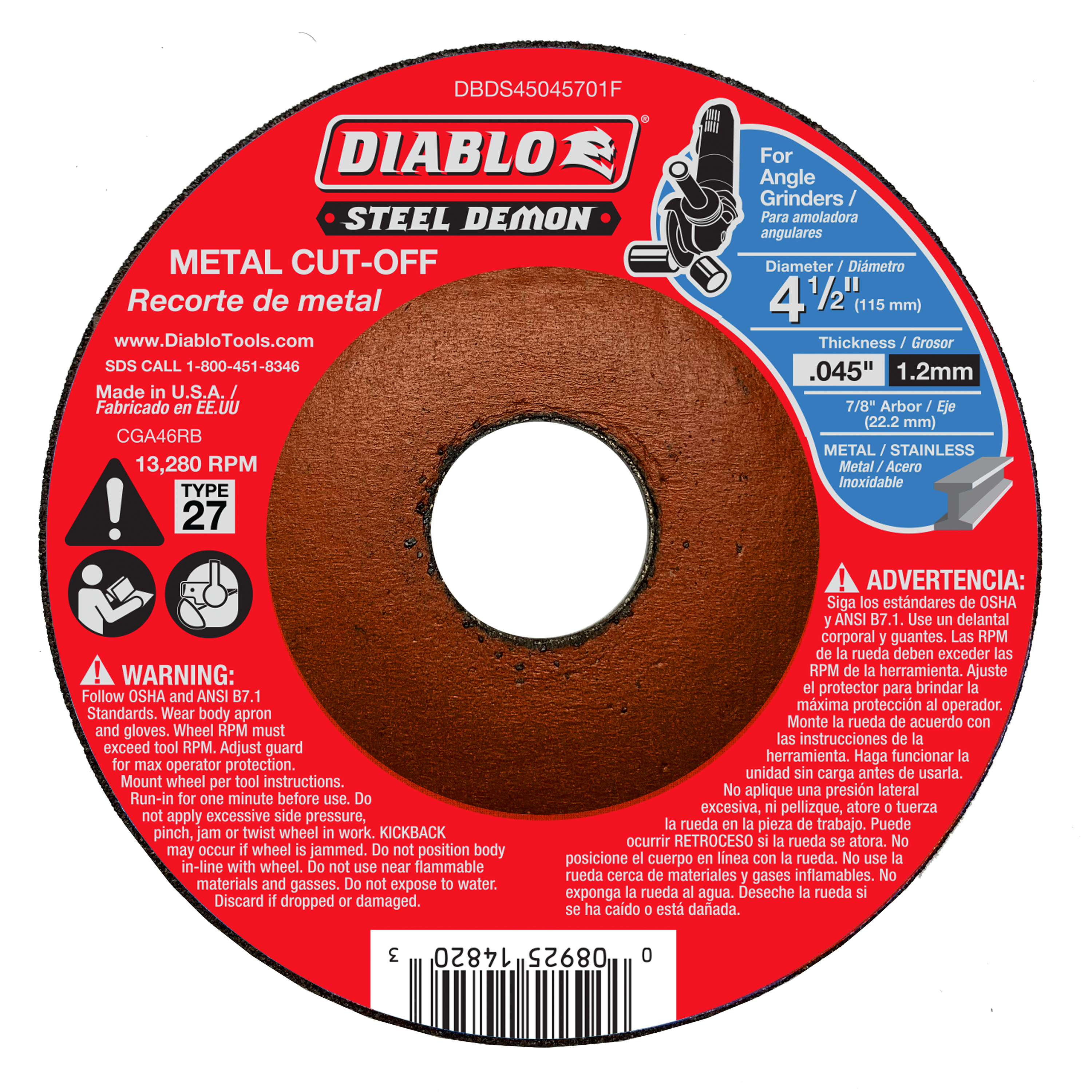 Red circular metal cut-off disc with brown cutting surface, 4-1/2 inch diameter, Type 27, 1.2mm thickness.