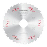 Freud LU1D10 circular saw blade with carbide-tipped teeth and central bore, marked "Made in Italy."