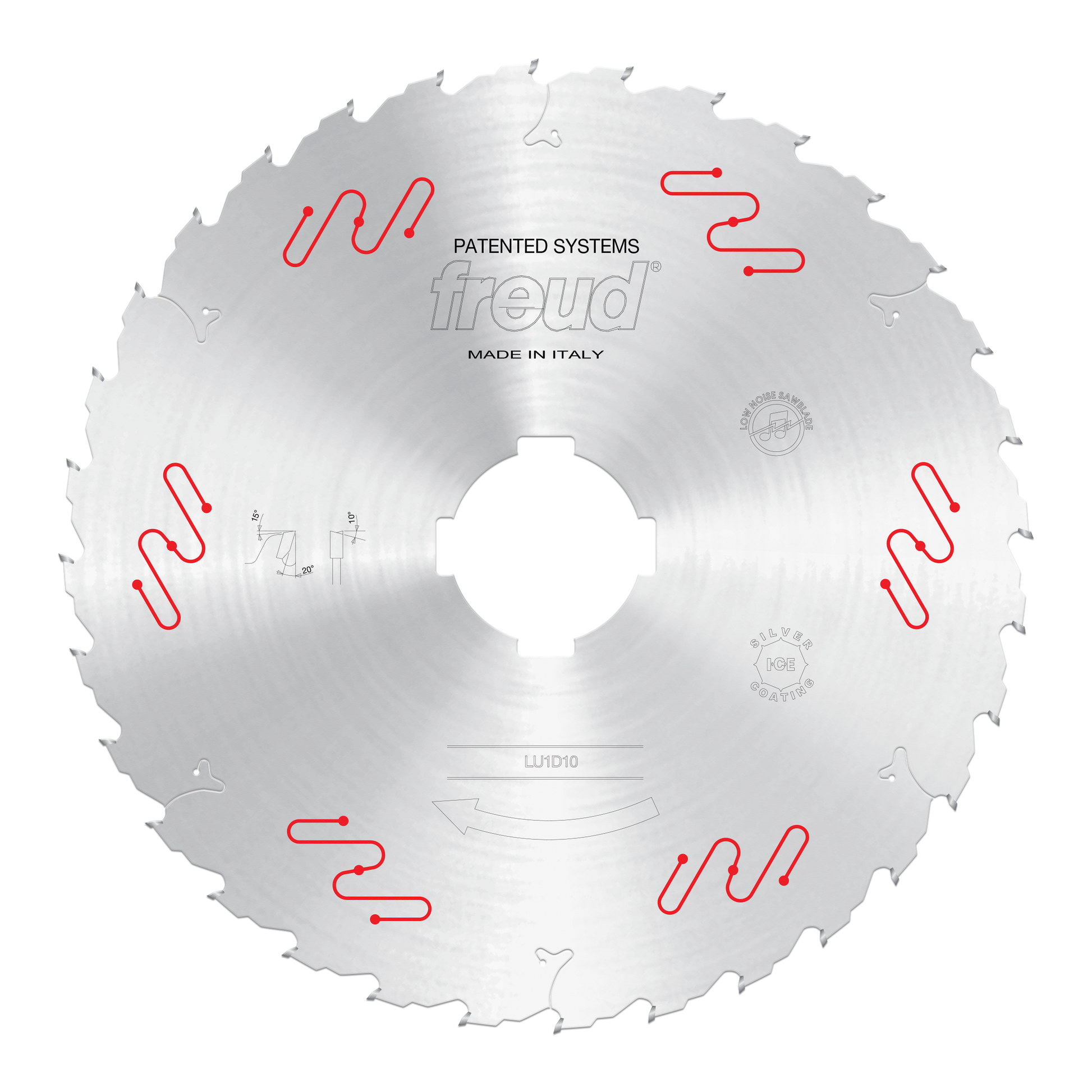 Freud LU1D10 circular saw blade with carbide-tipped teeth and central bore, marked "Made in Italy."