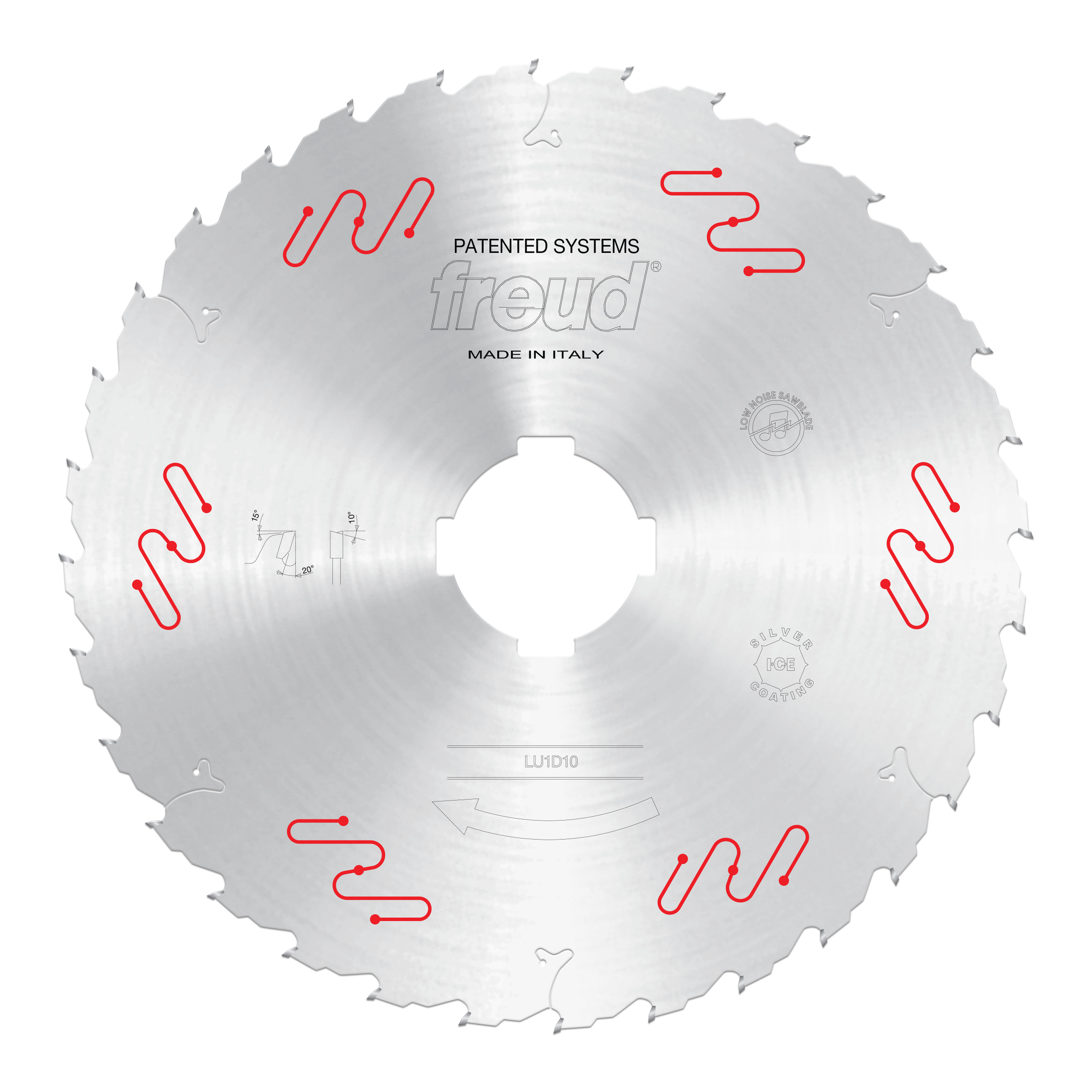Freud LU1D10 circular saw blade with carbide-tipped teeth and central bore, marked "Made in Italy."