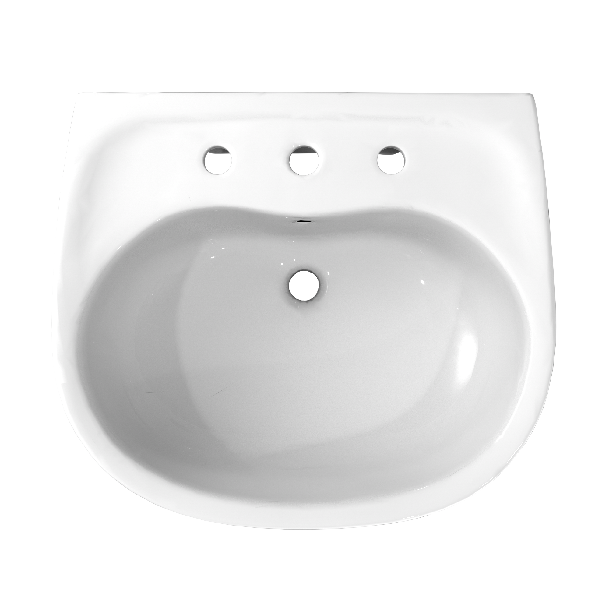 White oval pedestal sink with three faucet holes and single drain hole.