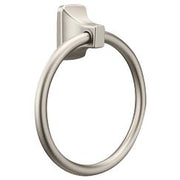 Brushed nickel towel ring with oval loop and square mounting bracket.