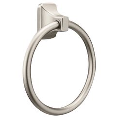 Brushed nickel towel ring with oval loop and square mounting bracket.