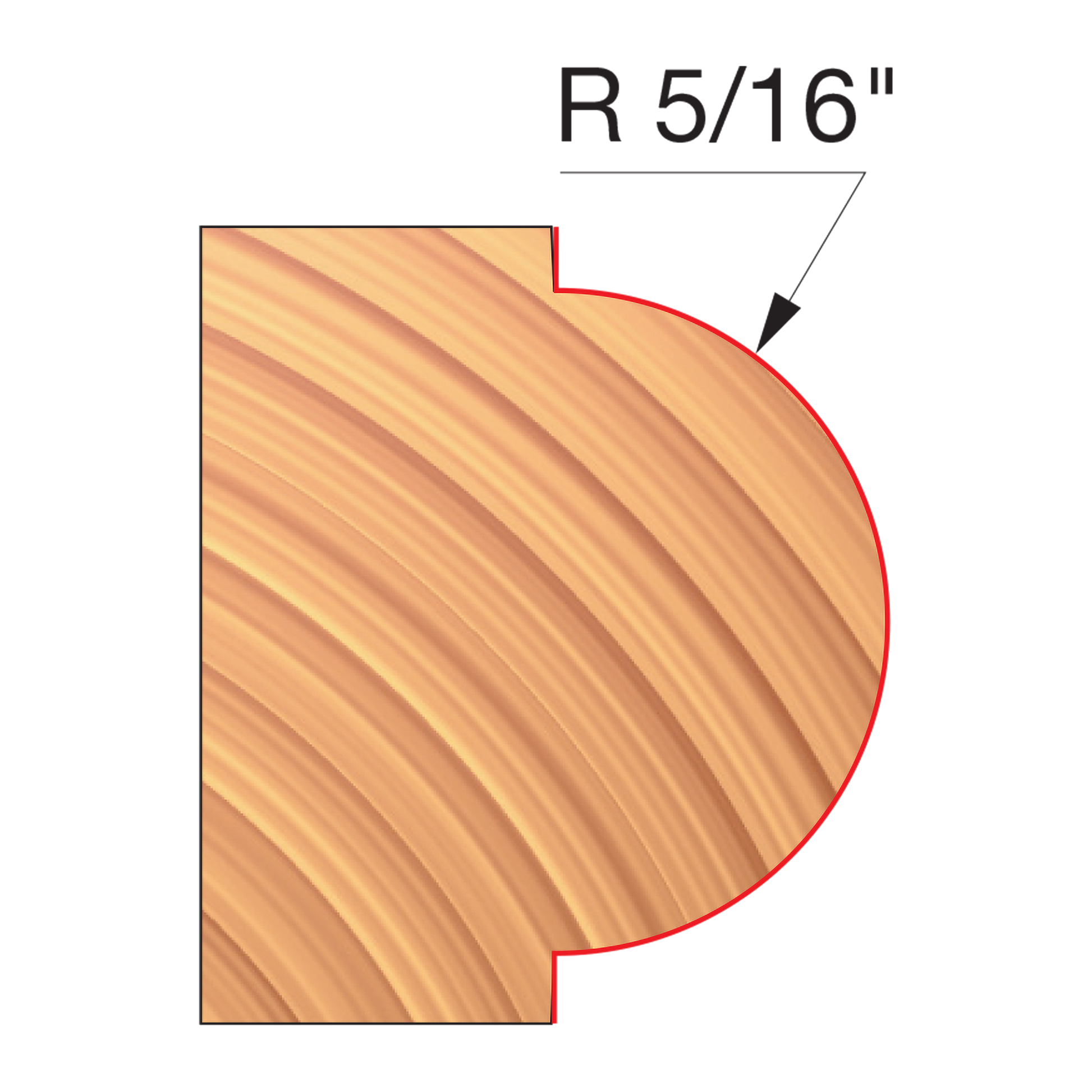 Concave radius router bit with 5/16" curve profile shown in wood cross-section diagram.