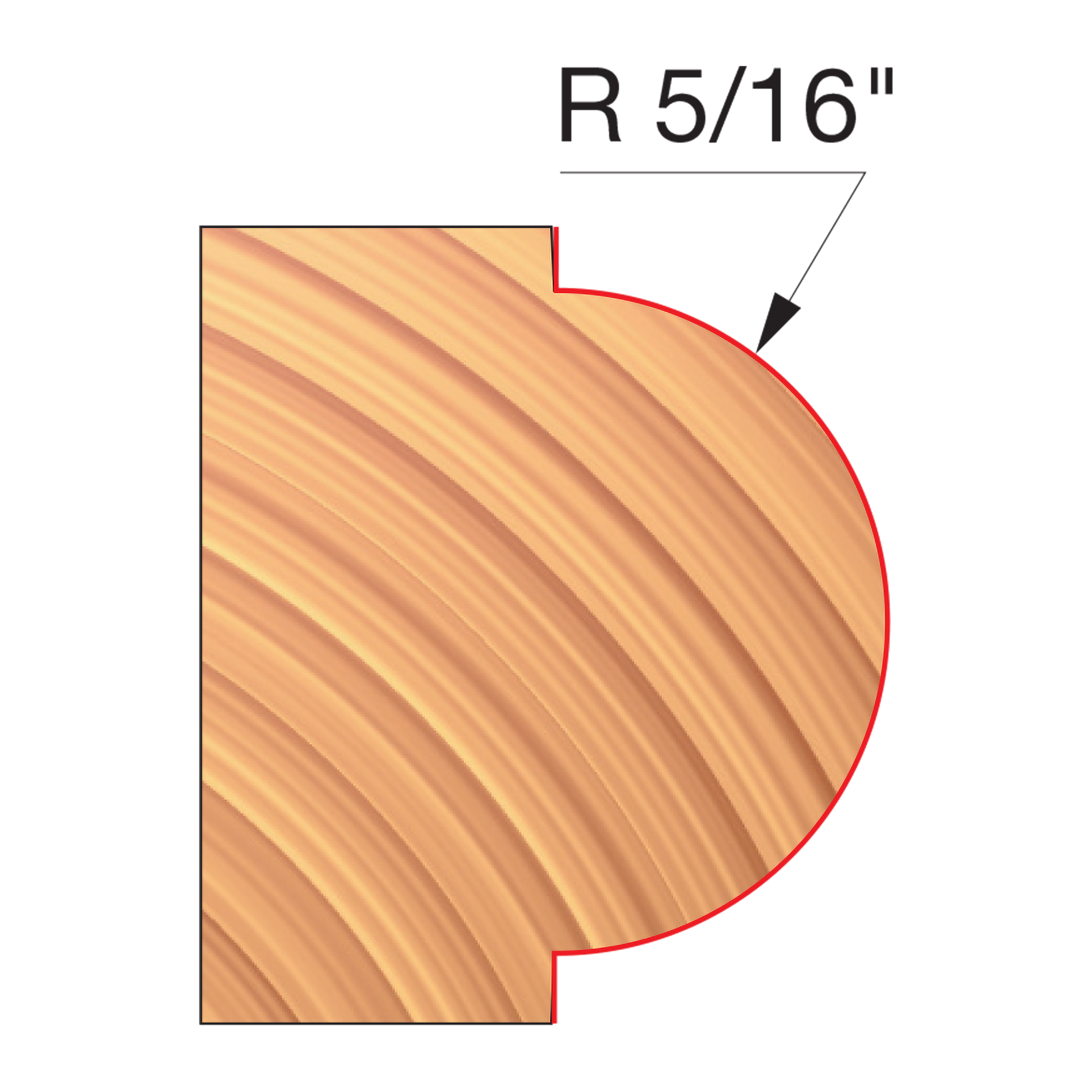 Concave radius router bit with 5/16" curve profile shown in wood cross-section diagram.