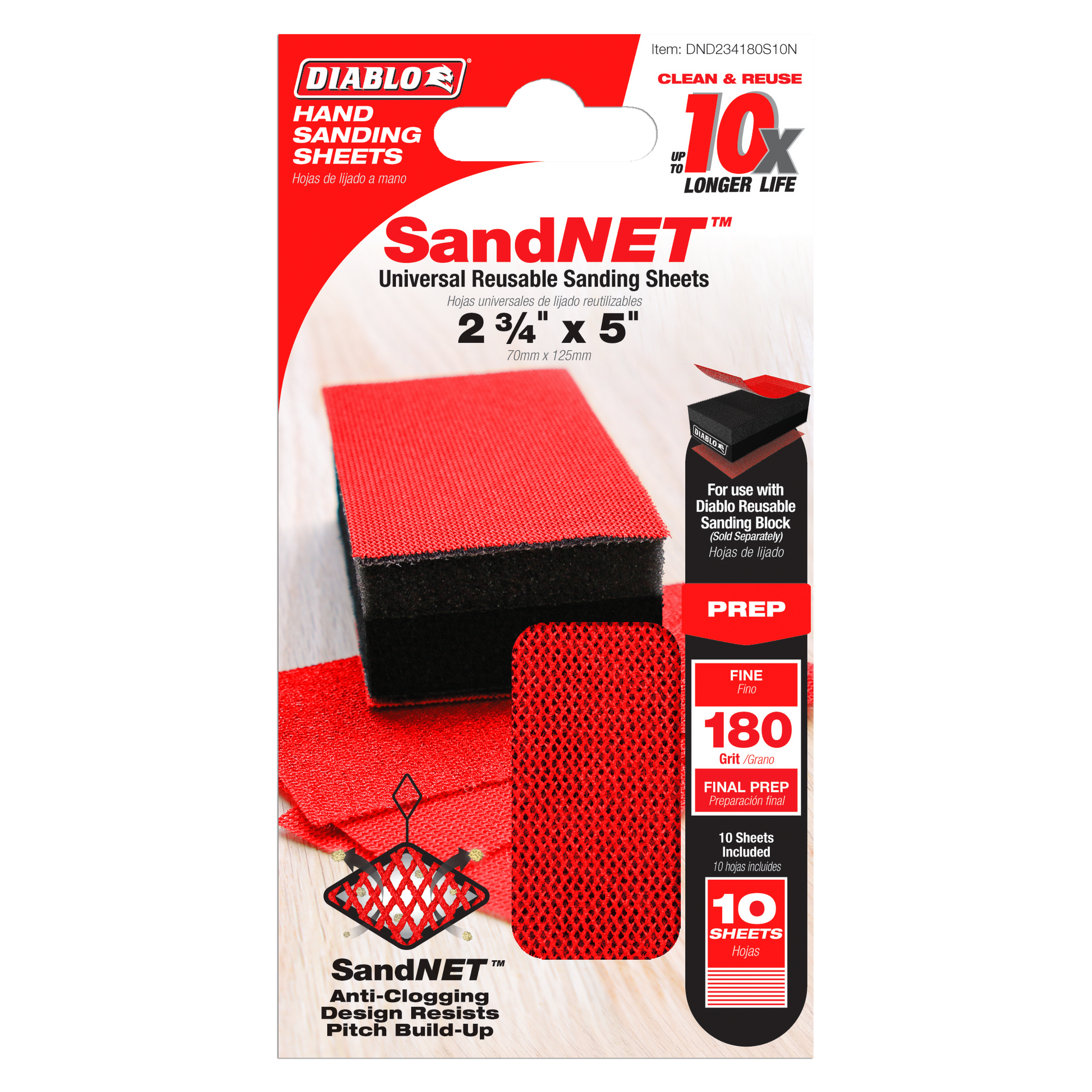 Diablo SandNET 180-grit reusable sanding sheets in red and black packaging, 2 3/4" x 5", 10-piece set displayed with sanding 