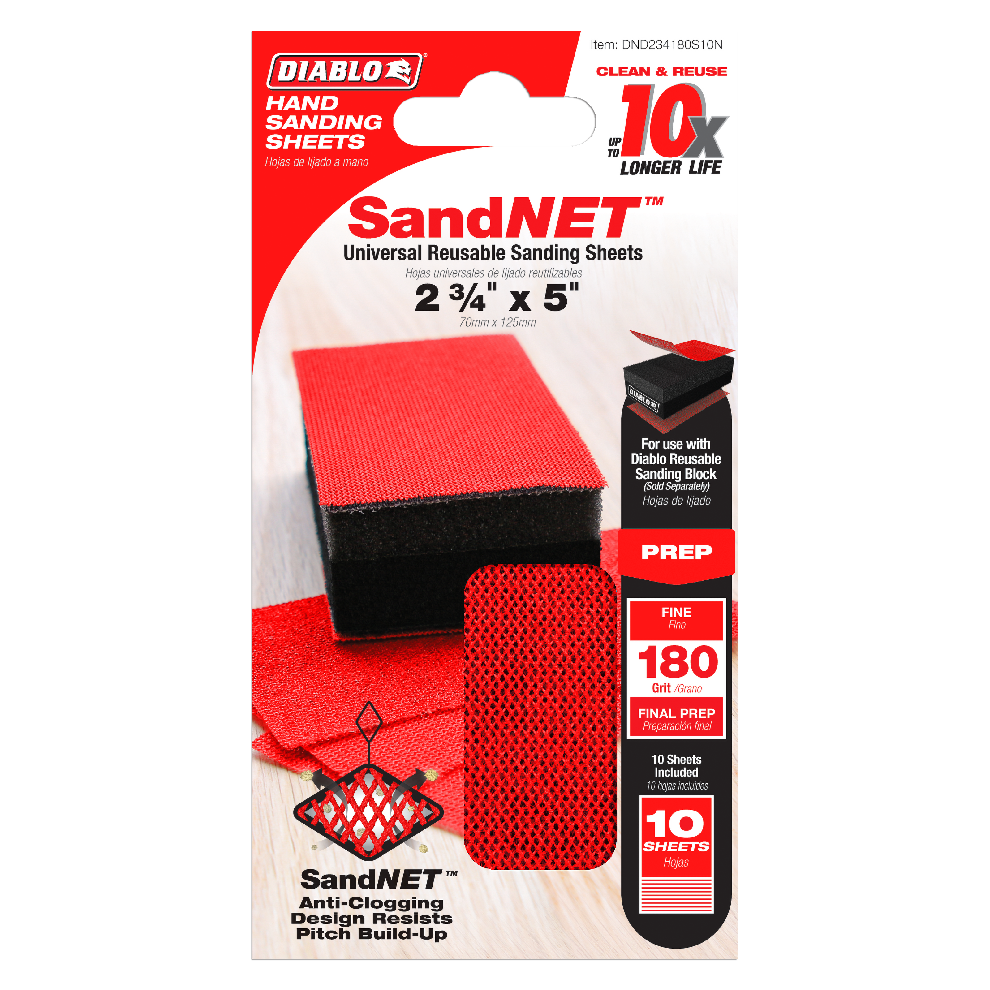 Diablo SandNET 180-grit reusable sanding sheets in red and black packaging, 2 3/4" x 5", 10-piece set displayed with sanding 
