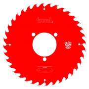 Red circular saw blade with gray teeth, white center hole, and Freud branding.
