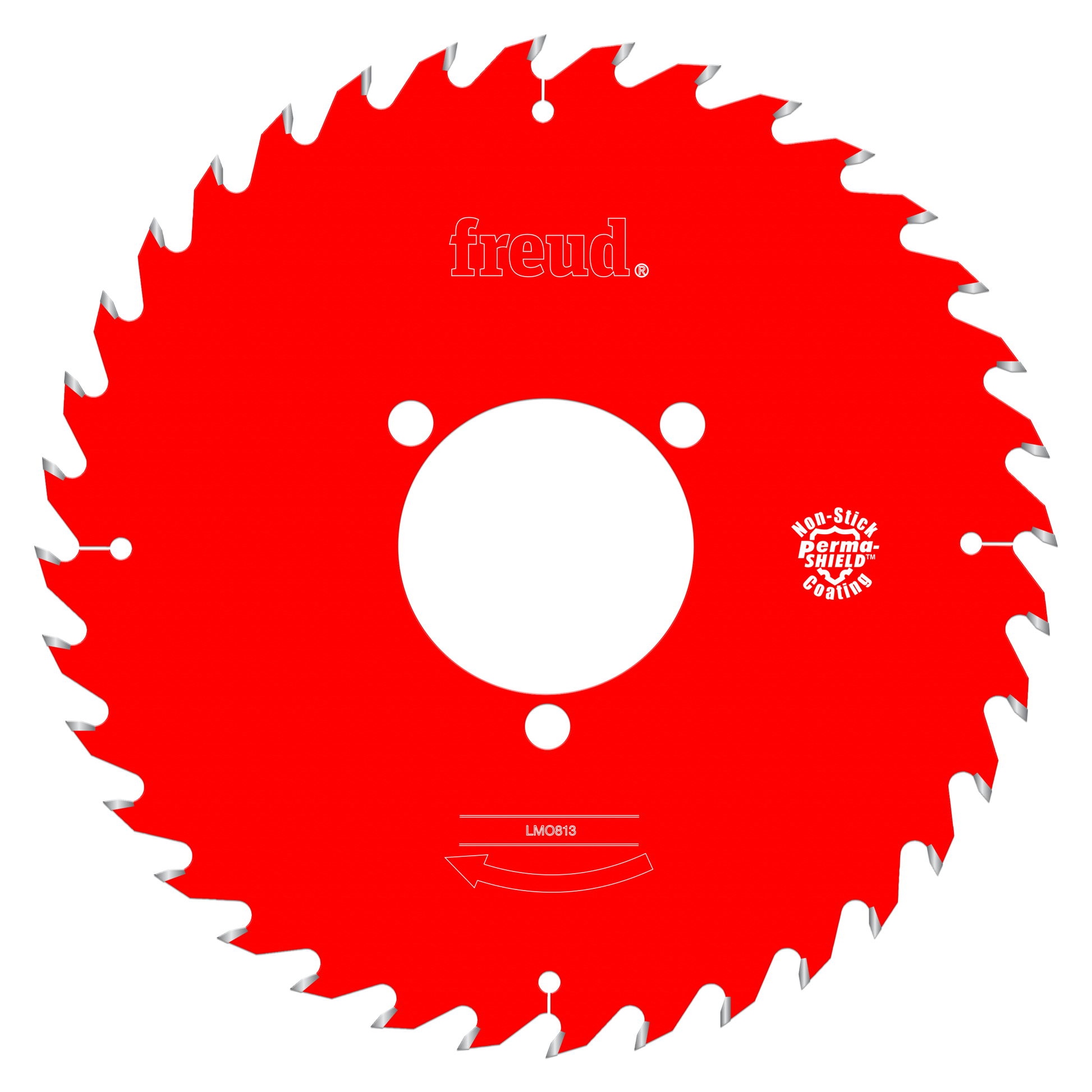 Red circular saw blade with gray teeth, white center hole, and Freud branding.