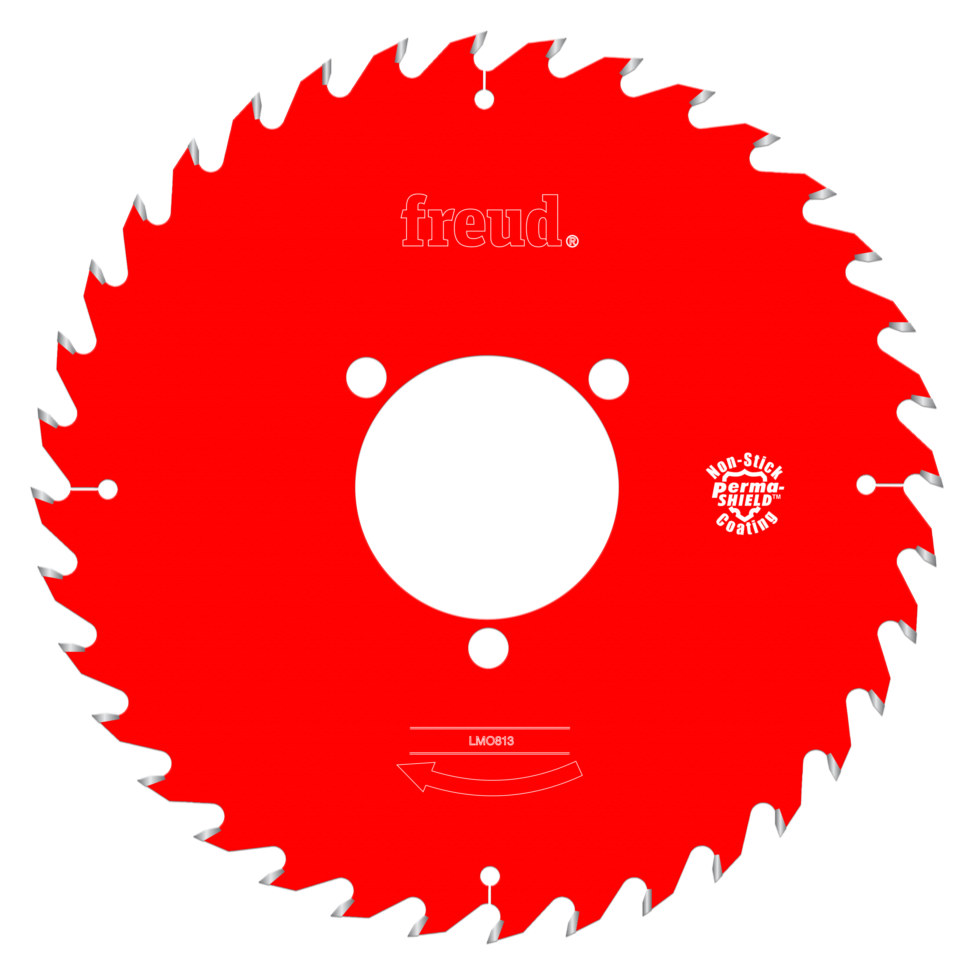 Red circular saw blade with gray teeth, white center hole, and Freud branding.