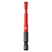 Red diamond grit hole saw with black hex shank and textured cutting head.